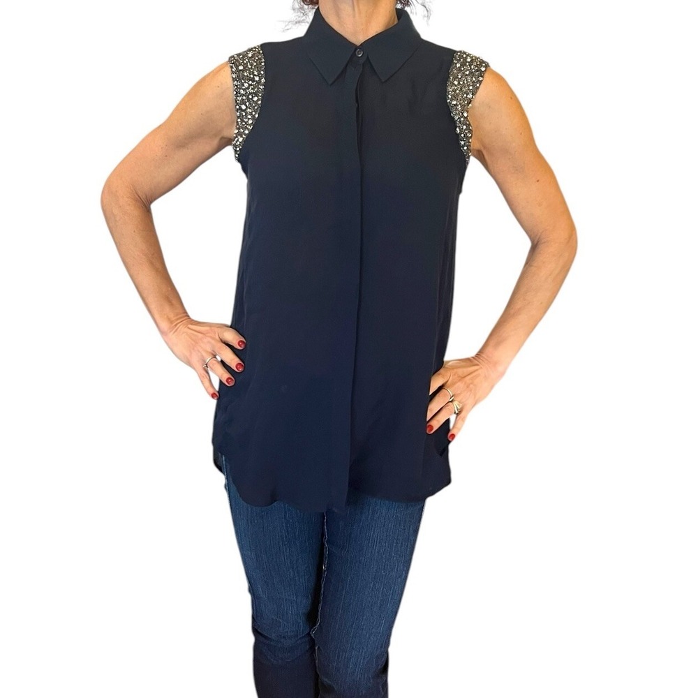 Women's HAUTE HIPPIE Navy Blue Beaded Embellished Cap Sleeve Silk Blouse S $395 - Picture 6 of 16